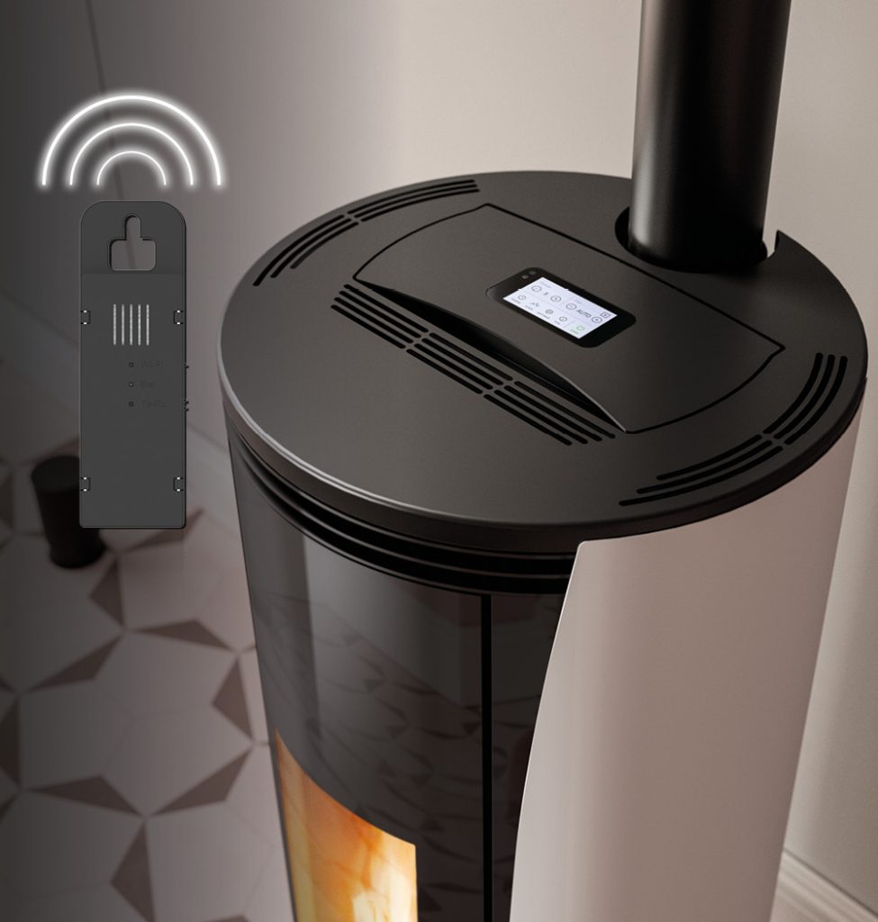 Visione dall'alto di una stufa Palazzetti. A fianco il dispositivo Universal Gateway